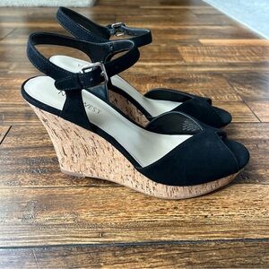 NINE WEST faux suede wedge sandals Size 6.5 Black